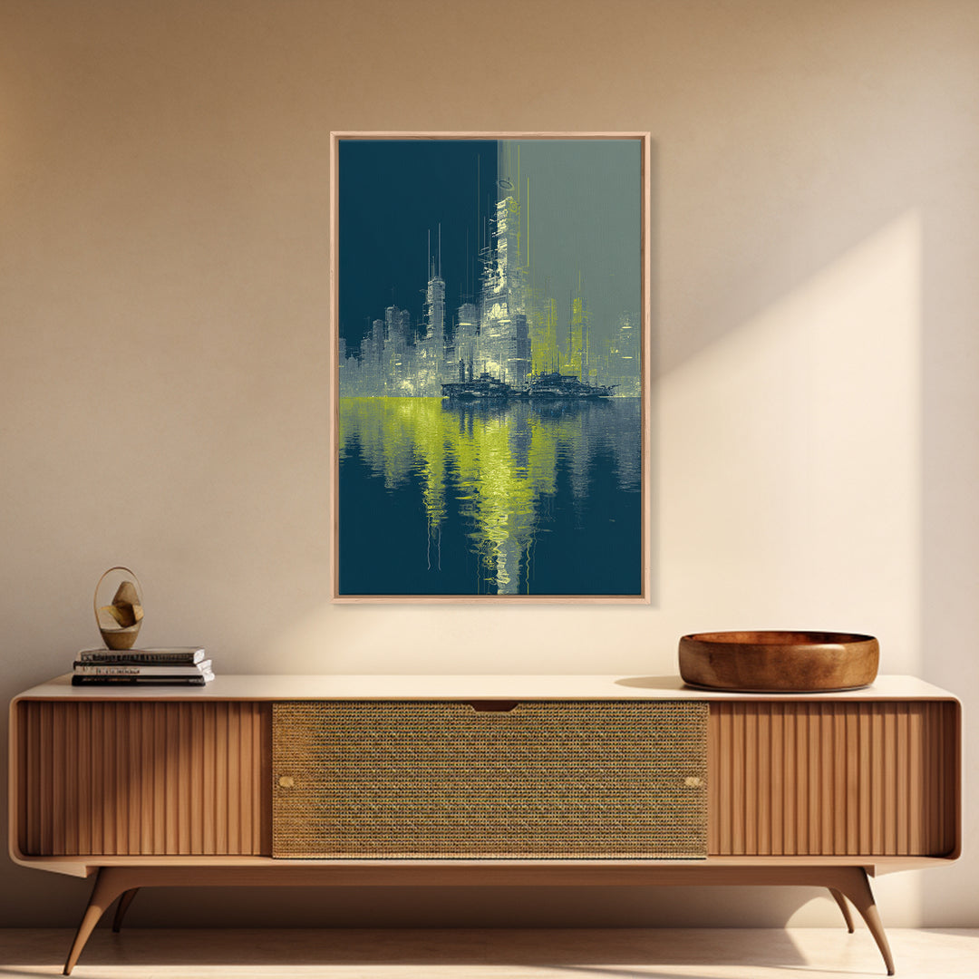 Monochrome City Skyline Reflected Canvas Print, Black and White Art, Wood Wall Art, Living Room Decor, Fine Art, Monochrome, BAW-2x3-67