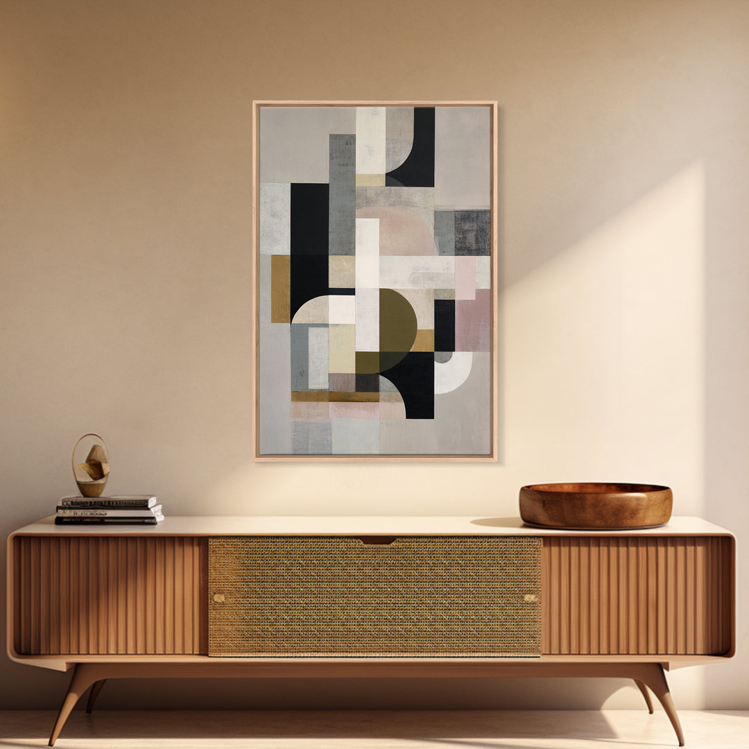 Geometric Bauhaus Grayscale Shapes Framed Canvas Print, Black and White Art, Digital Art, Living Room Decor, Abstract Art, BAW-2x3-74
