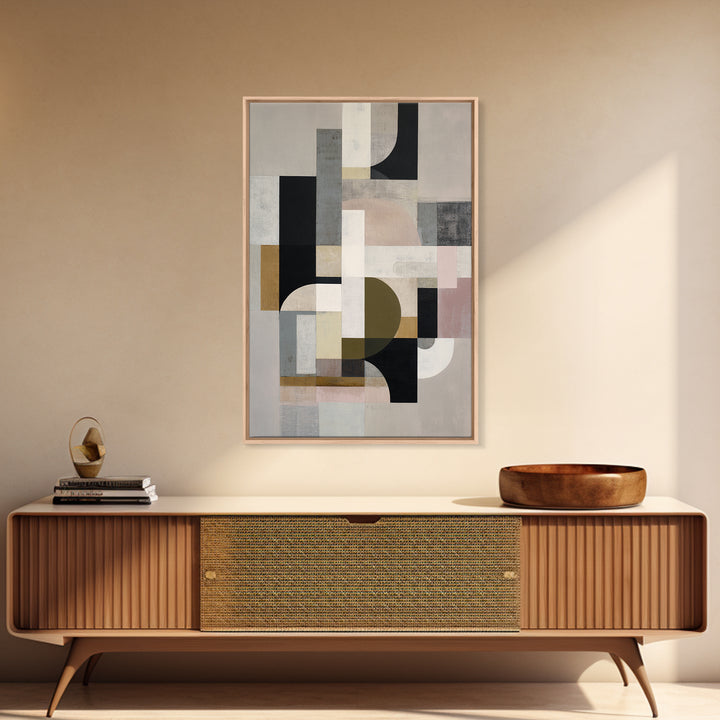 Geometric Bauhaus Grayscale Shapes Framed Canvas Print, Black and White Art, Digital Art, Living Room Decor, Abstract Art, BAW-2x3-74