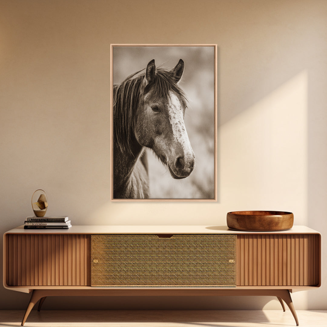 Black and White Wild Horse Portrait Framed Canvas Print, Black and White Art, Canvas Print, Living Room Decor, Monochrome, BAW-2x3-85