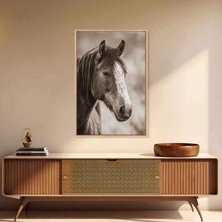 Black and White Wild Horse Portrait Framed Canvas Print, Black and White Art, Canvas Print, Living Room Decor, Monochrome, BAW-2x3-85