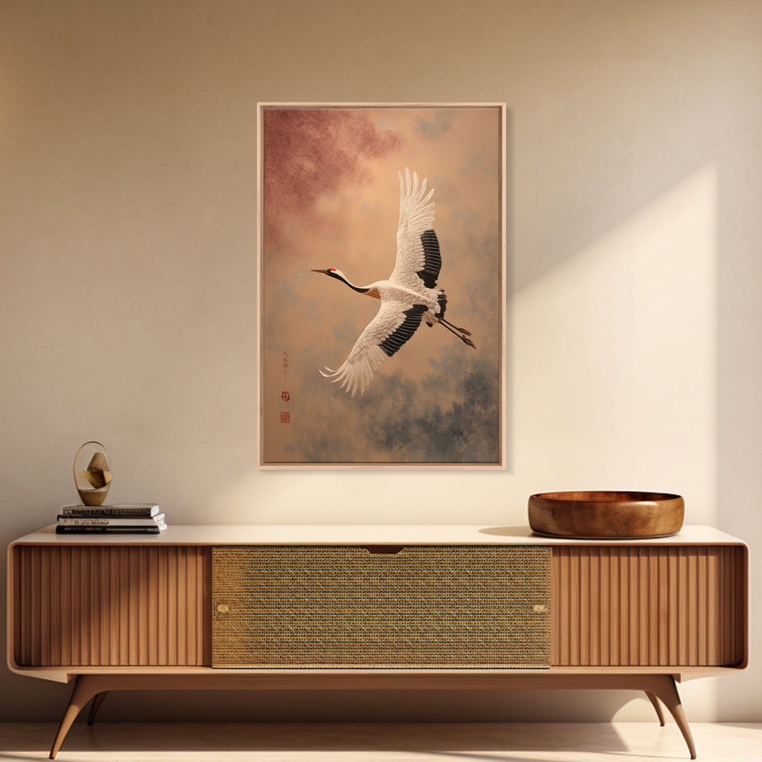 Black Ink Crane Flying Across Empty Sky Framed Canvas Print, Black and White Art, Printable Art, Living Room Decor, Monochrome, BAW-2x3-93