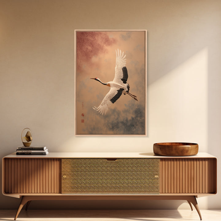 Black Ink Crane Flying Across Empty Sky Framed Canvas Print, Black and White Art, Printable Art, Living Room Decor, Monochrome, BAW-2x3-93