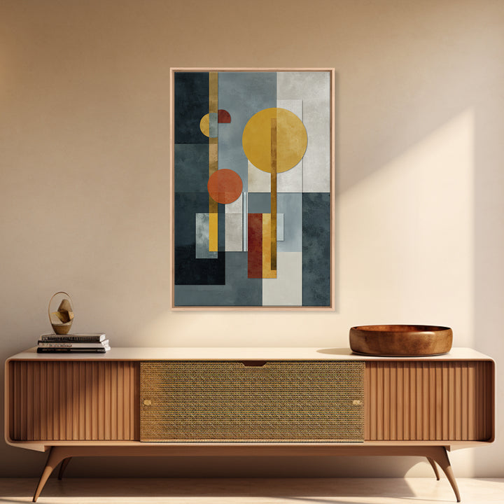 Geometric Bauhaus Grayscale Shapes Framed Canvas Print, Black and White Art, Digital Art, Living Room Decor, Abstract Art, BAW-2x3-98
