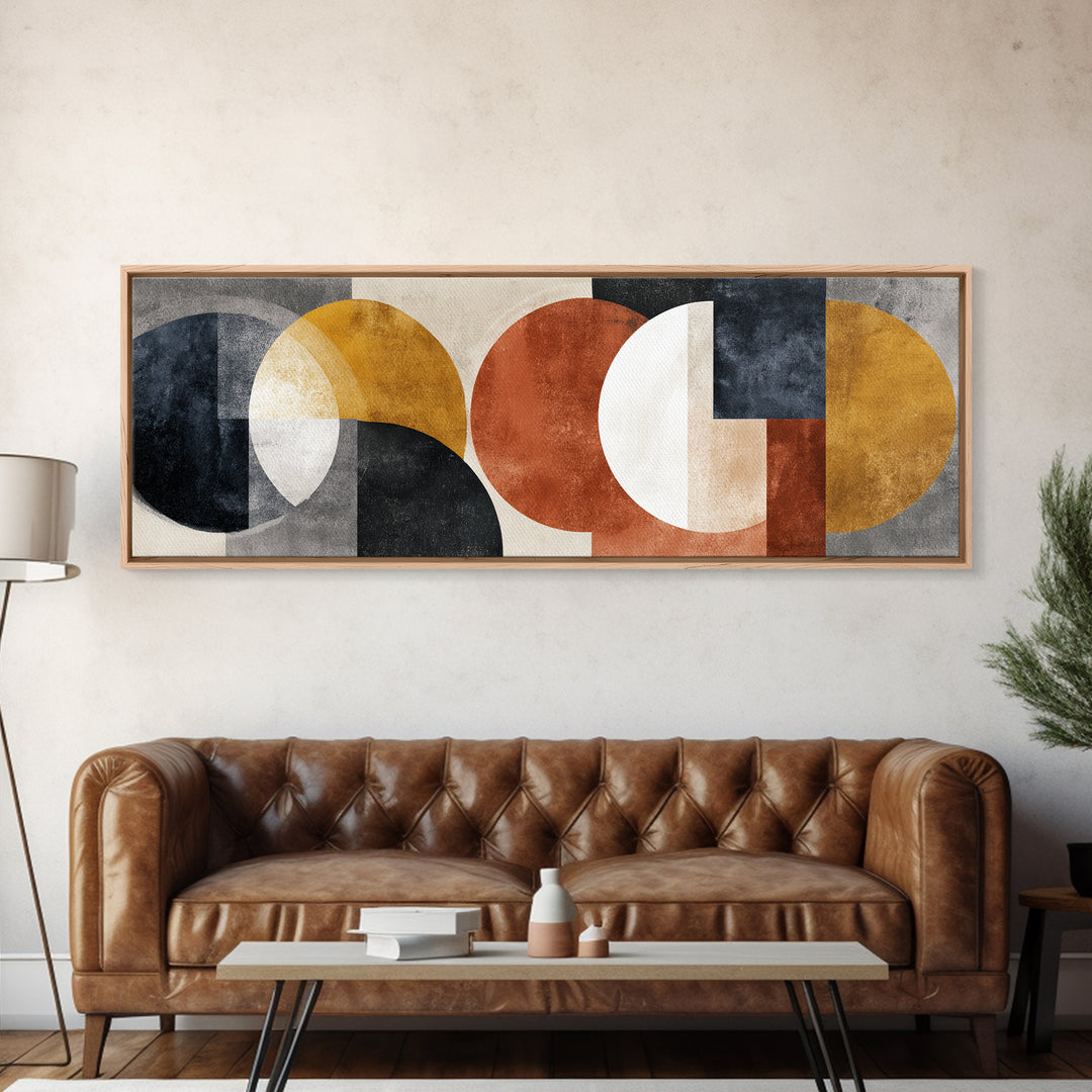 Geometric Bauhaus Grayscale Shapes Framed Canvas Print, Black and White Art, Print, Living Room Decor, Abstract Art, Monochrome, BAW-3x1-10