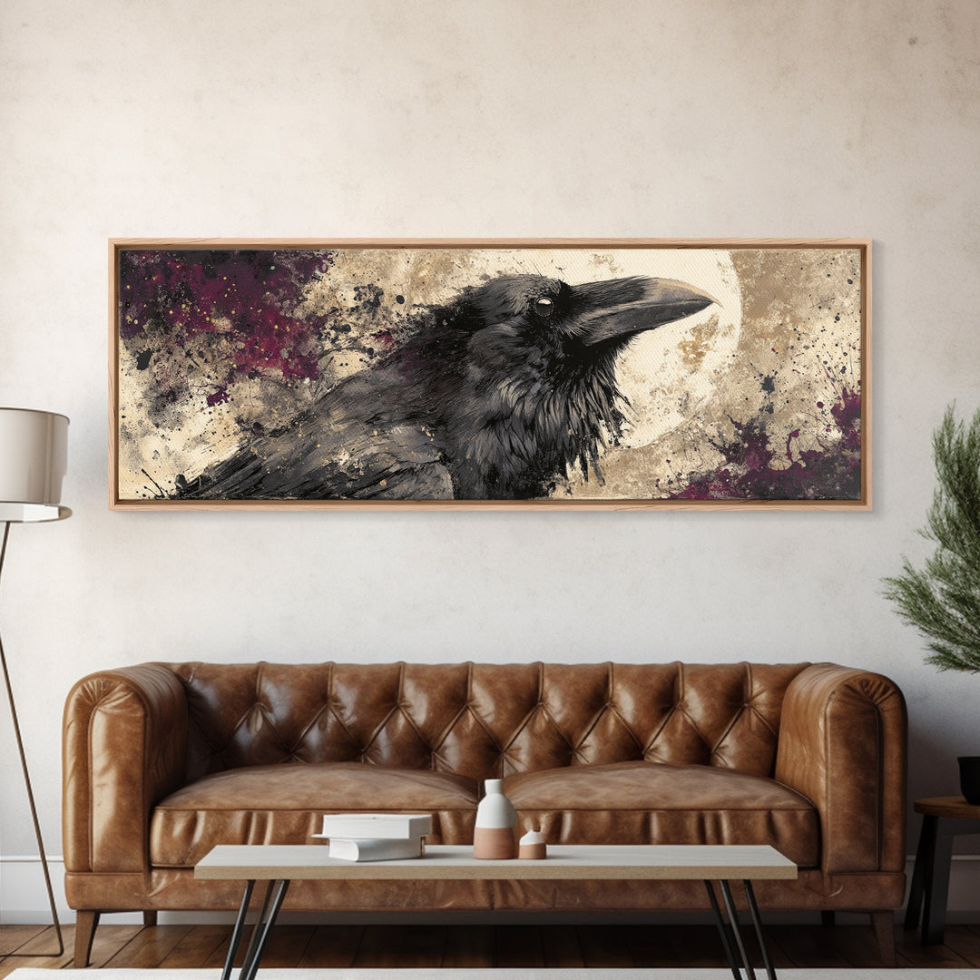 Ink Splatter Raven Composition Framed Canvas Print, Black and White Art, Photography Prints, Living Room Decor, Monochrome, BAW-3x1-12