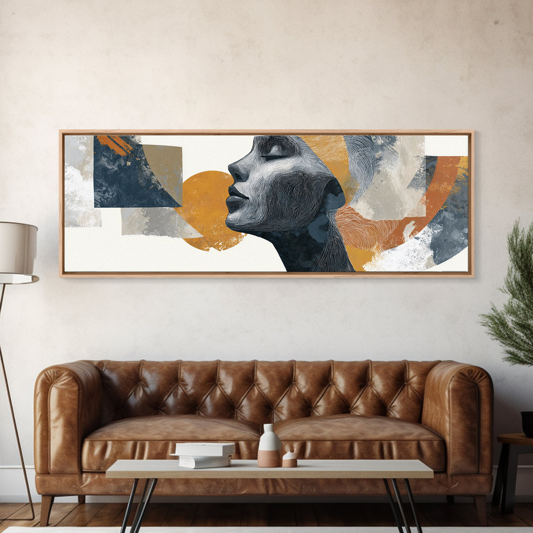 Monochrome Female Profile Framed Canvas Print, Black and White Art, Retro Wall Art, Living Room Decor, Abstract Art, Monochrome, BAW-3x1-17