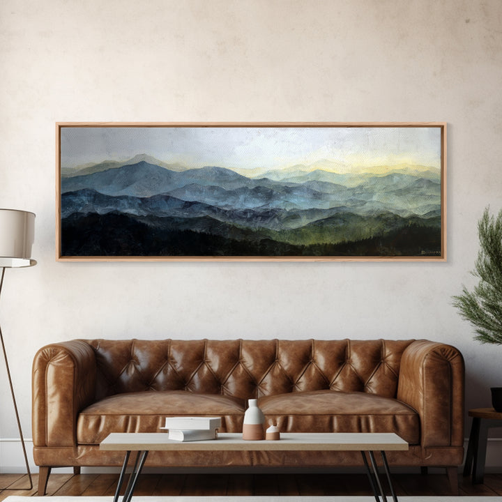 Black Ink Mountain Range Framed Canvas Print, Black and White Art, Large Wall Art, Living Room Decor, Fine Art, Monochrome, BAW-3x1-18