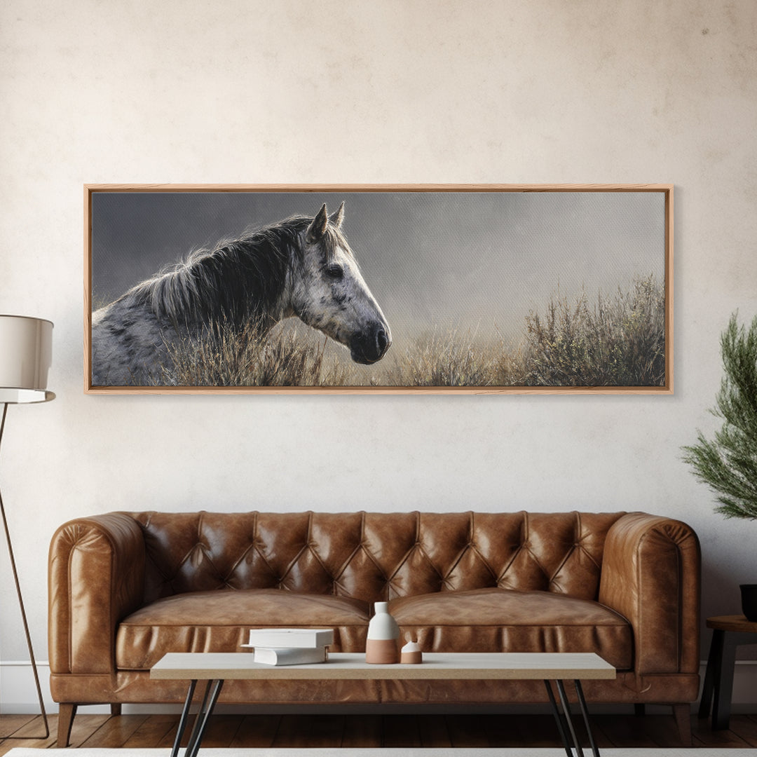 Black and White Wild Horse Portrait Canvas Print, Black and White Art, Photography Prints, Living Room Decor, Monochrome, BAW-3x1-21