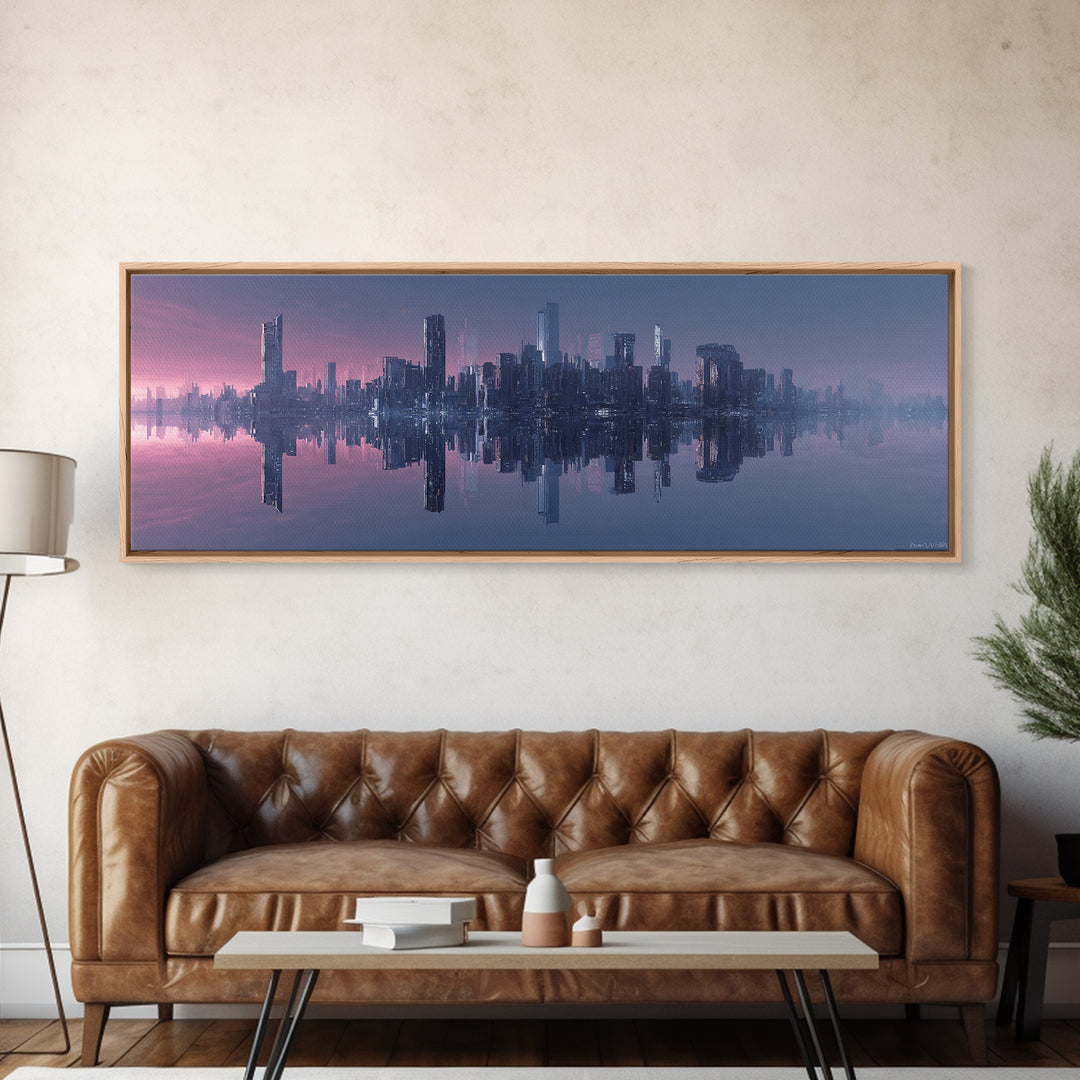 Monochrome City Skyline Reflected Canvas Print, Black and White Art, Textured Painting, Living Room Decor, Monochrome, BAW-3x1-27