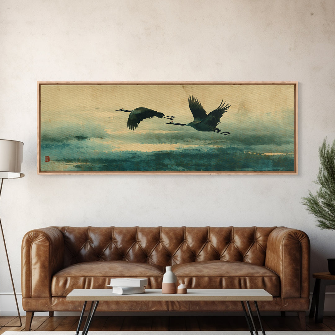 Black Ink Crane Flying Across Empty Sky Canvas Print, Black and White Art, Modern Wall Art, Living Room Decor, Oil Painting, BAW-3x1-29