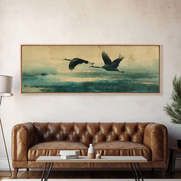 Black Ink Crane Flying Across Empty Sky Canvas Print, Black and White Art, Modern Wall Art, Living Room Decor, Oil Painting, BAW-3x1-29
