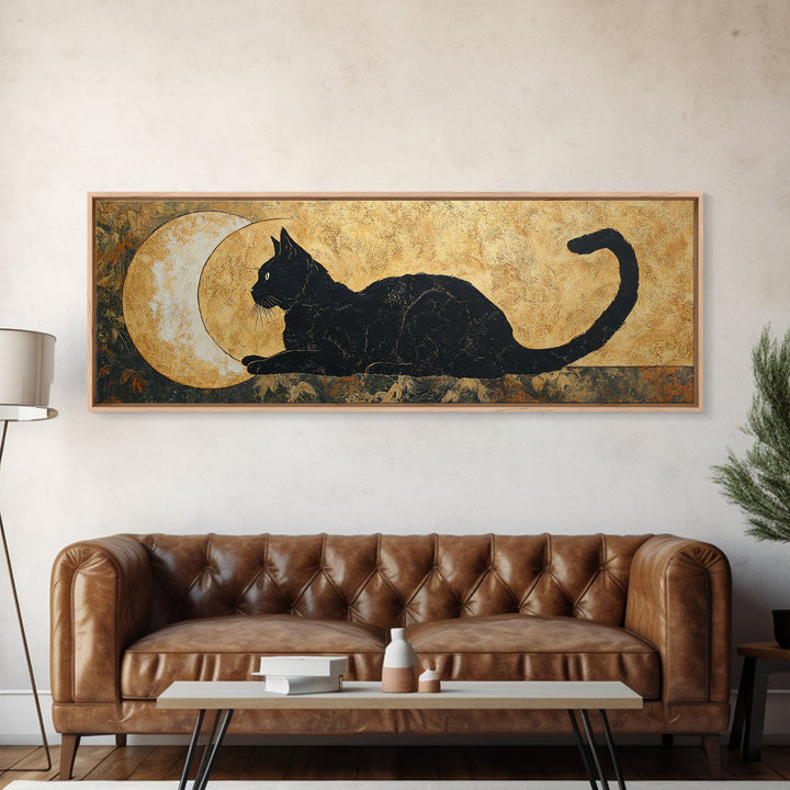 Black Cat Silhouette Framed Canvas Print, Black and White Art, Photo Prints, Living Room Decor, Watercolor Art, Monochrome, BAW-3x1-32
