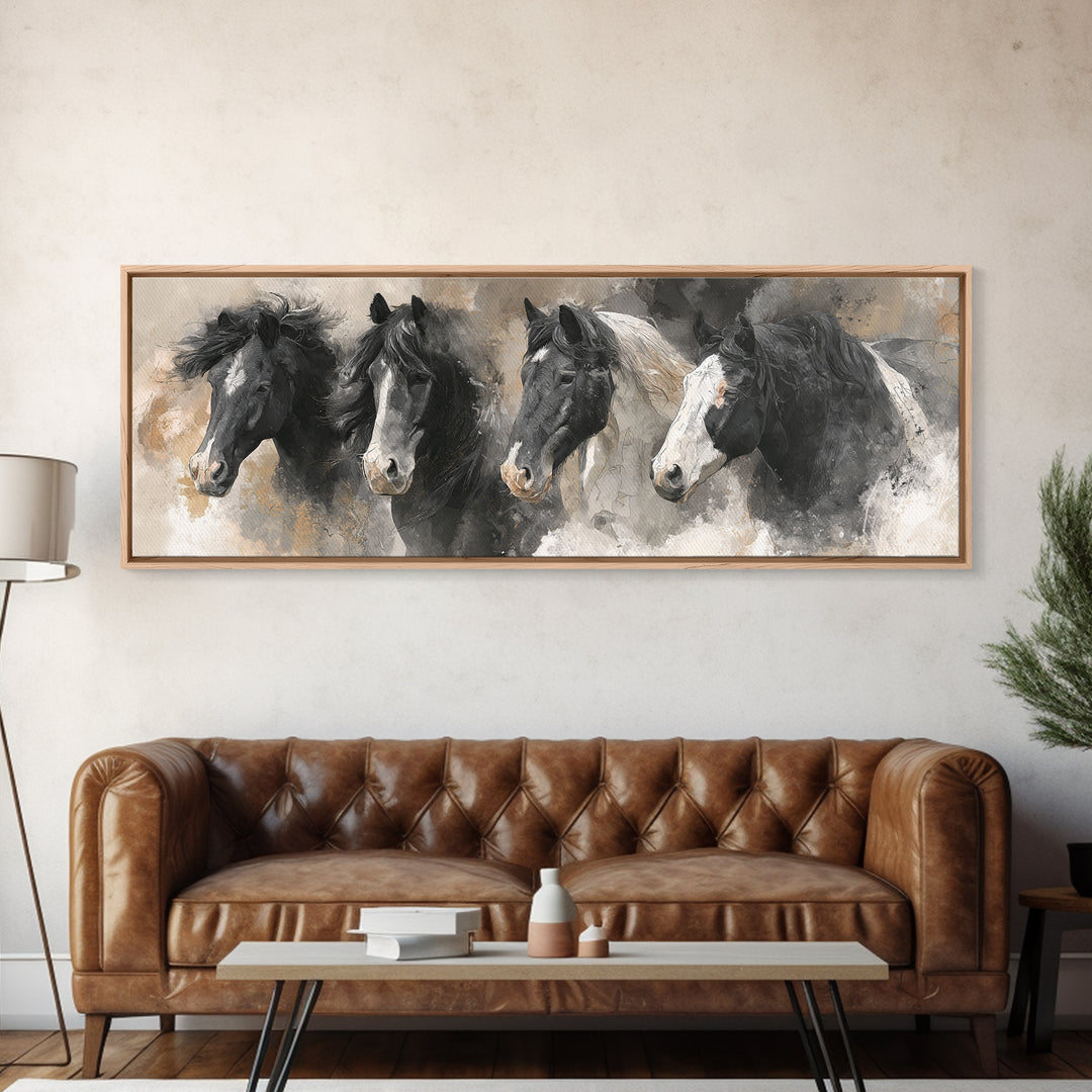 Black and White Wild Horse Portrait Canvas Print, Black and White Art, Photography Prints, Living Room Decor, Monochrome, BAW-3x1-45