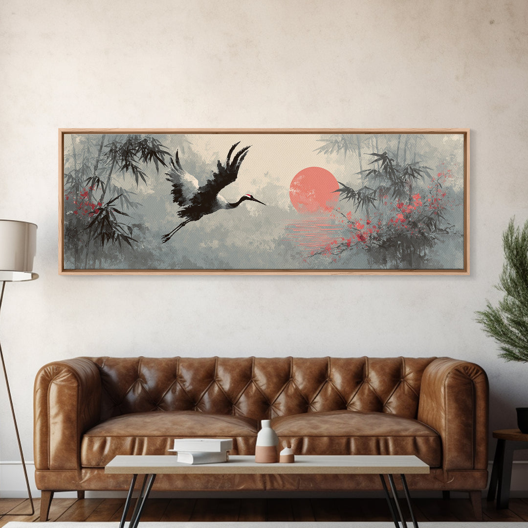 Black Ink Crane Flying Across Empty Sky Canvas Print, Black and White Art, Abstract Art, Living Room Decor, Monochrome, BAW-3x1-5