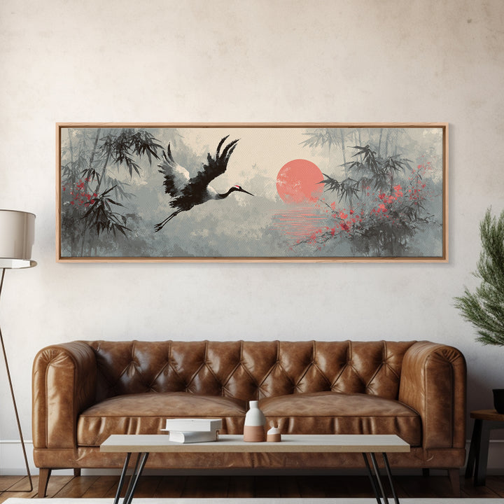 Black Ink Crane Flying Across Empty Sky Canvas Print, Black and White Art, Abstract Art, Living Room Decor, Monochrome, BAW-3x1-5