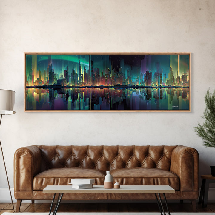 Monochrome City Skyline Reflected Framed Canvas Print, Black and White Art, Art Print, Living Room Decor, Fine Art, Monochrome, BAW-3x1-51