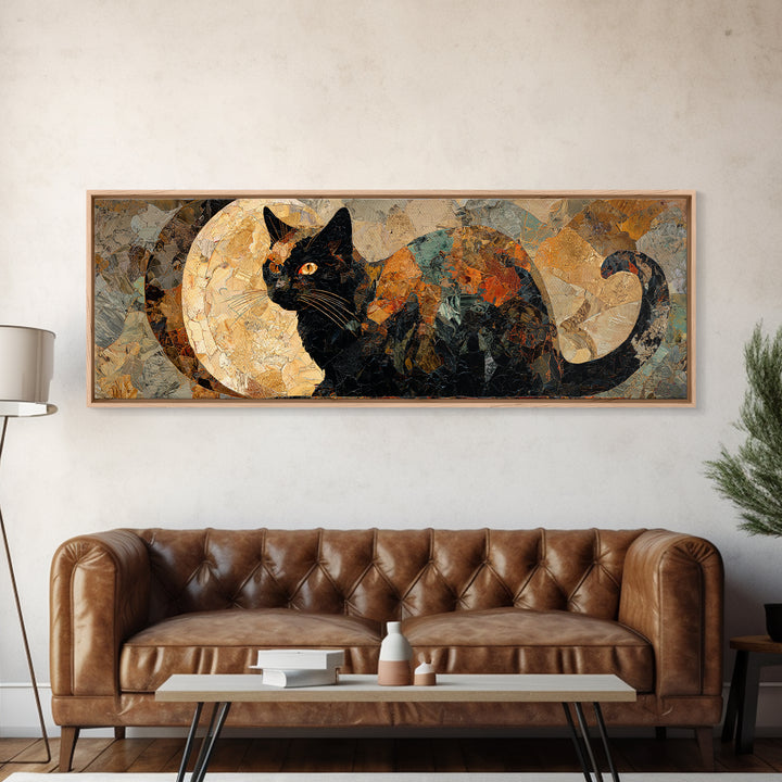 Black Cat Silhouette Framed Canvas Print, Black and White Art, Minimalist Decor, Living Room Decor, Fine Art, Monochrome, BAW-3x1-56
