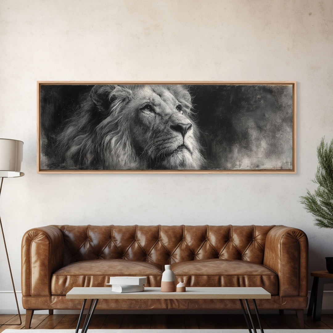 Dramatic Black and White Lion Portrait Framed Canvas Print, Black and White Art, Cabin Decor, Living Room Decor, Monochrome, BAW-3x1-57