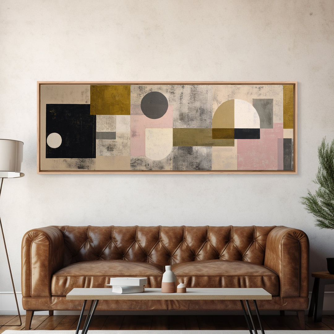 Geometric Bauhaus Grayscale Shapes Framed Canvas Print, Black and White Art, Apartment Decor, Living Room Decor, Monochrome, BAW-3x1-58