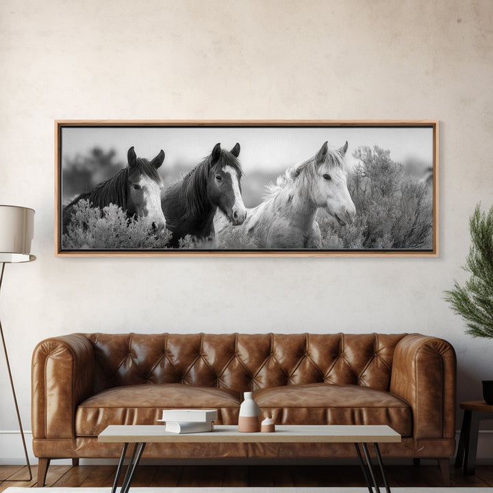 Black and White Wild Horse Portrait Framed Canvas Print, Black and White Art, Gallery Decor, Living Room Decor, Monochrome, BAW-3x1-69