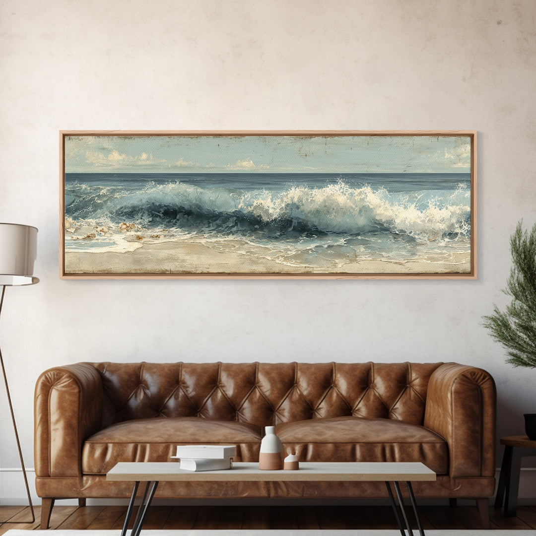 Stormy Ocean Wave Framed Canvas Print, Black and White Art, Modern Wall Art, Living Room Decor, Fine Art, Monochrome, BAW-3x1-74