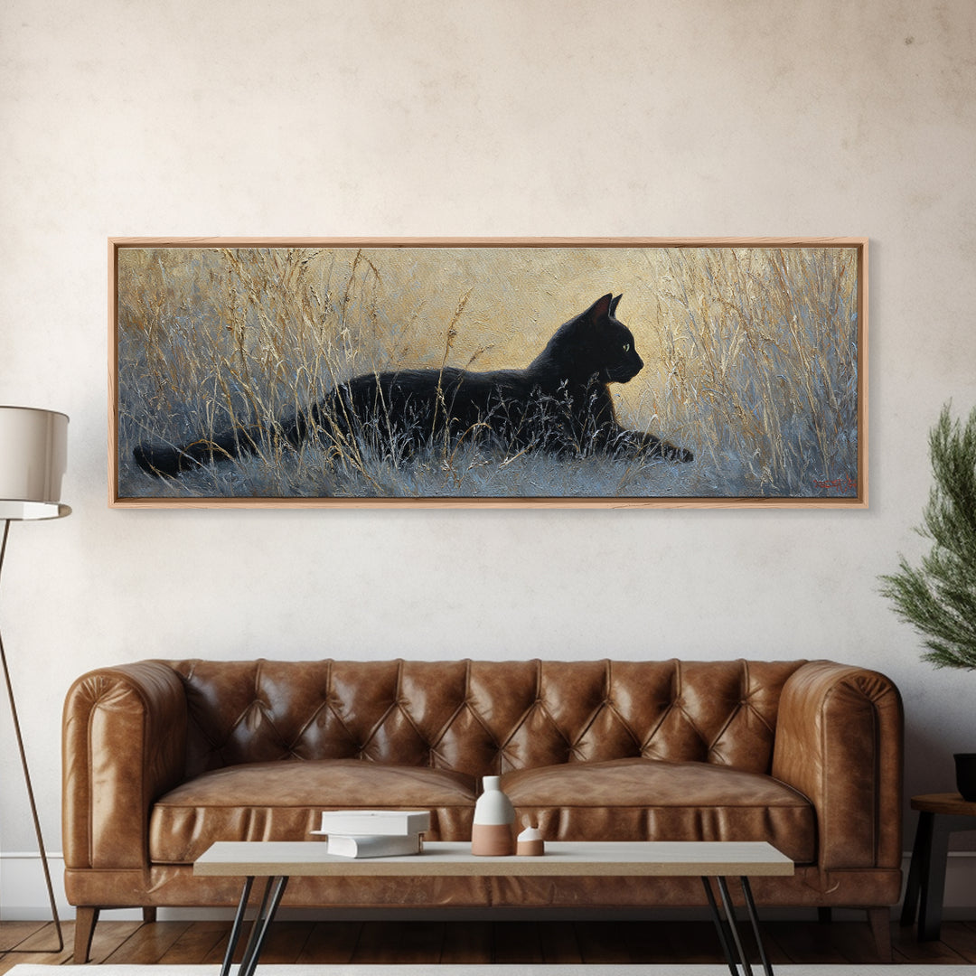 Black Cat Silhouette Canvas Print, Black and White Art, Digital Prints, Living Room Decor, Fine Art, Monochrome, Wood Wall Art, BAW-3x1-80