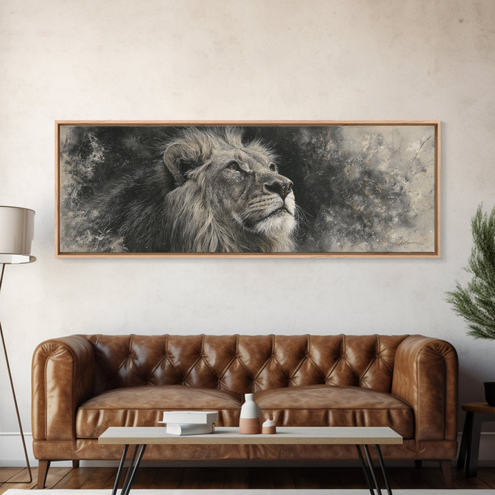 Dramatic Black and White Lion Portrait Framed Canvas Print, Black and White Art, Cabin Decor, Living Room Decor, Monochrome, BAW-3x1-81