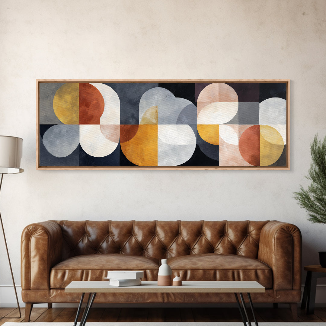Geometric Bauhaus Grayscale Shapes Framed Canvas Print, Black and White Art, Apartment Decor, Living Room Decor, Monochrome, BAW-3x1-82