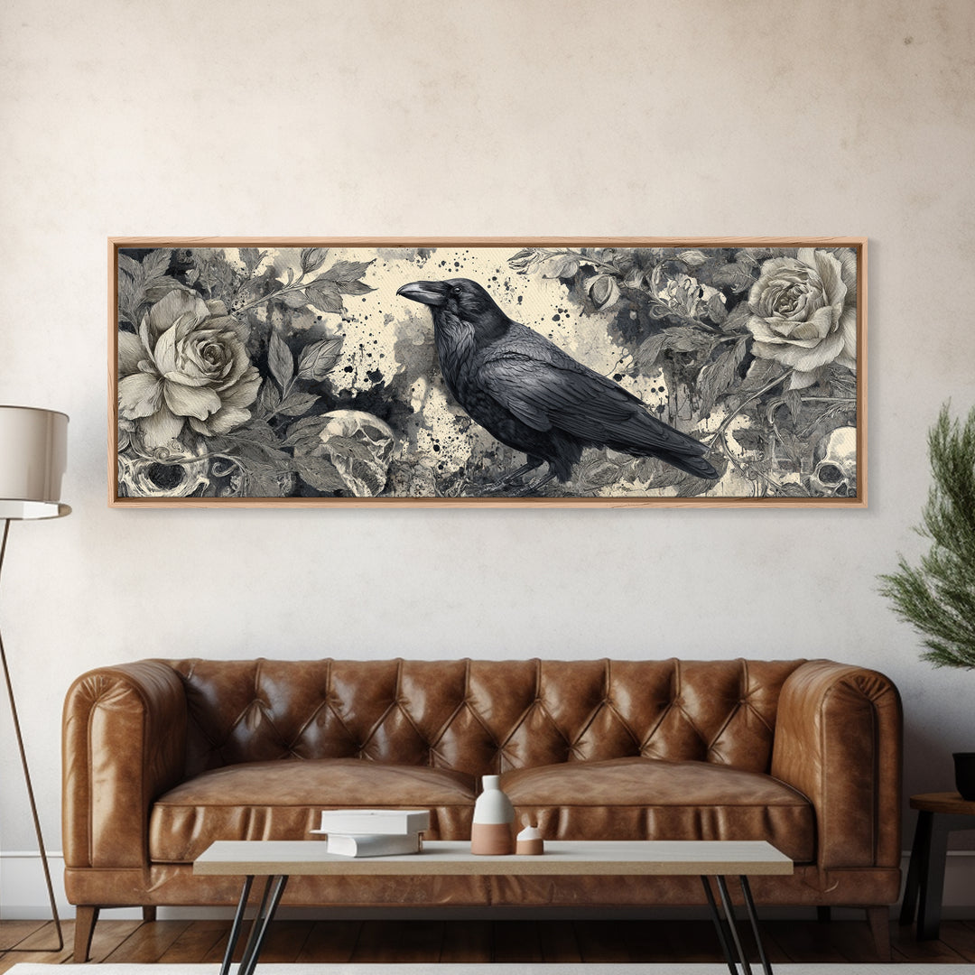 Ink Splatter Raven Composition Framed Canvas Print, Black and White Art, Halloween Decor, Living Room Decor, Monochrome, BAW-3x1-84