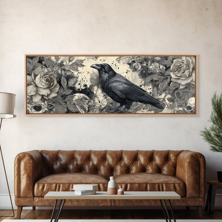 Ink Splatter Raven Composition Framed Canvas Print, Black and White Art, Halloween Decor, Living Room Decor, Monochrome, BAW-3x1-84