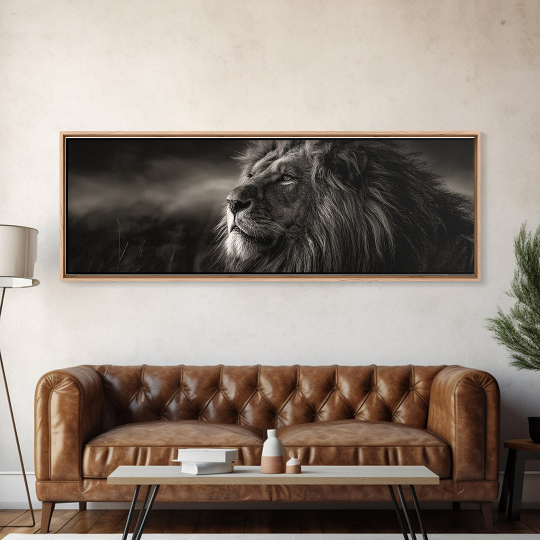 Dramatic Black and White Lion Portrait Framed Canvas Print, Black and White Art, Wood Wall Art, Living Room Decor, Monochrome, BAW-3x1-9