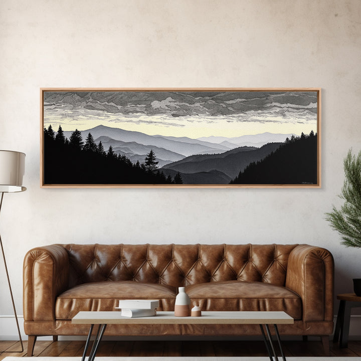Black Ink Mountain Range Framed Canvas Print, Black and White Art, Photography Prints, Living Room Decor, Watercolor Art, BAW-3x1-90
