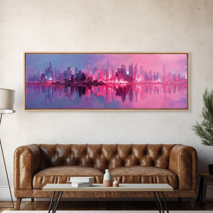 Monochrome City Skyline Reflected Framed Canvas Print, Black and White Art, Art Print, Living Room Decor, Fine Art, Monochrome, BAW-3x1-99