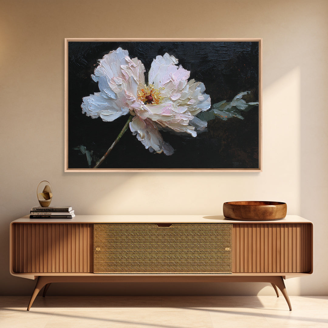 White Flower on Deep Black Background Canvas Print, Black and White Art, Living Room Wall Art, Living Room Decor, Monochrome, BAW-3x2-16
