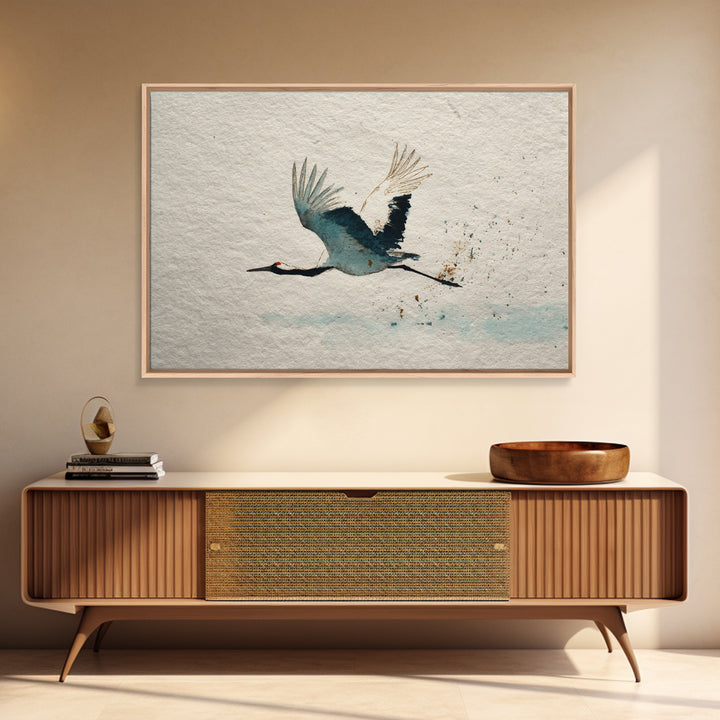 Black Ink Crane Flying Across Empty Sky Canvas Print, Black and White Art, Retro Wall Art, Living Room Decor, Monochrome, BAW-3x2-17