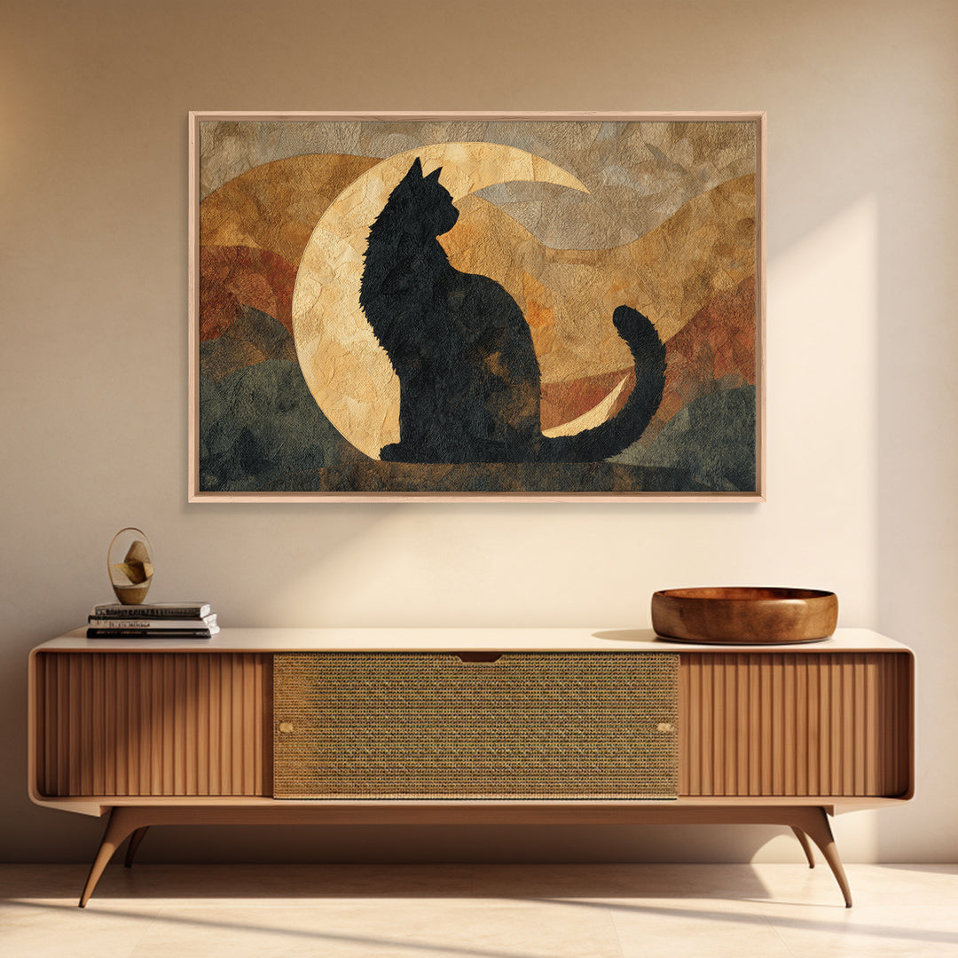 Black Cat Silhouette Framed Canvas Print, Black and White Art, Retro Wall Art, Living Room Decor, Fine Art, Monochrome, BAW-3x2-20