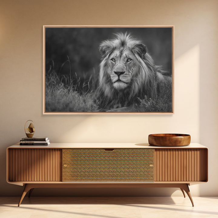 Dramatic Black and White Lion Portrait Canvas Print, Black and White Art, Photography Prints, Living Room Decor, Monochrome, BAW-3x2-21