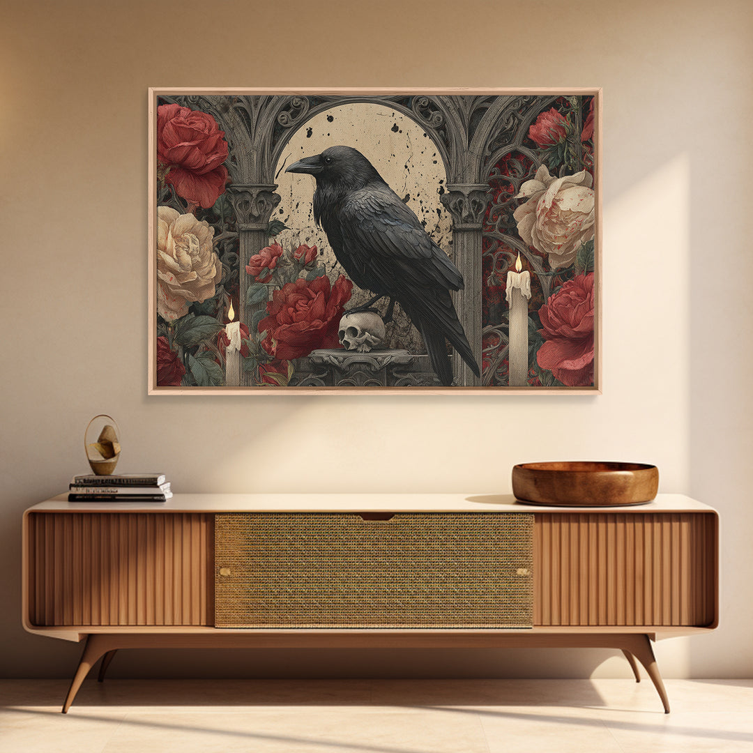 Ink Splatter Raven Composition Framed Canvas Print, Black and White Art, Photography Prints, Living Room Decor, Monochrome, BAW-3x2-24