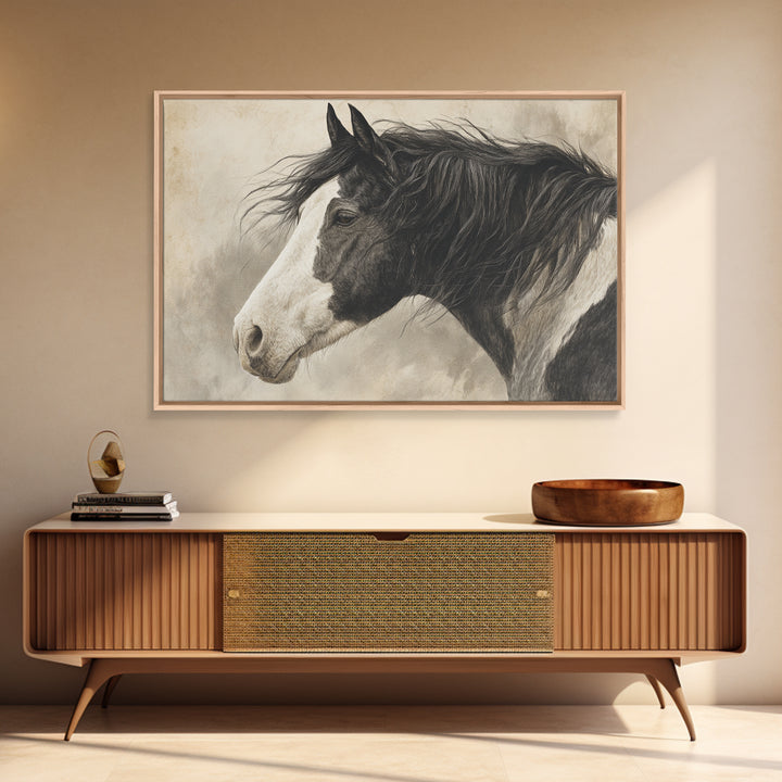 Black and White Wild Horse Portrait Canvas Print, Black and White Art, Cabin Decor, Living Room Decor, Fine Art, Monochrome, BAW-3x2-33