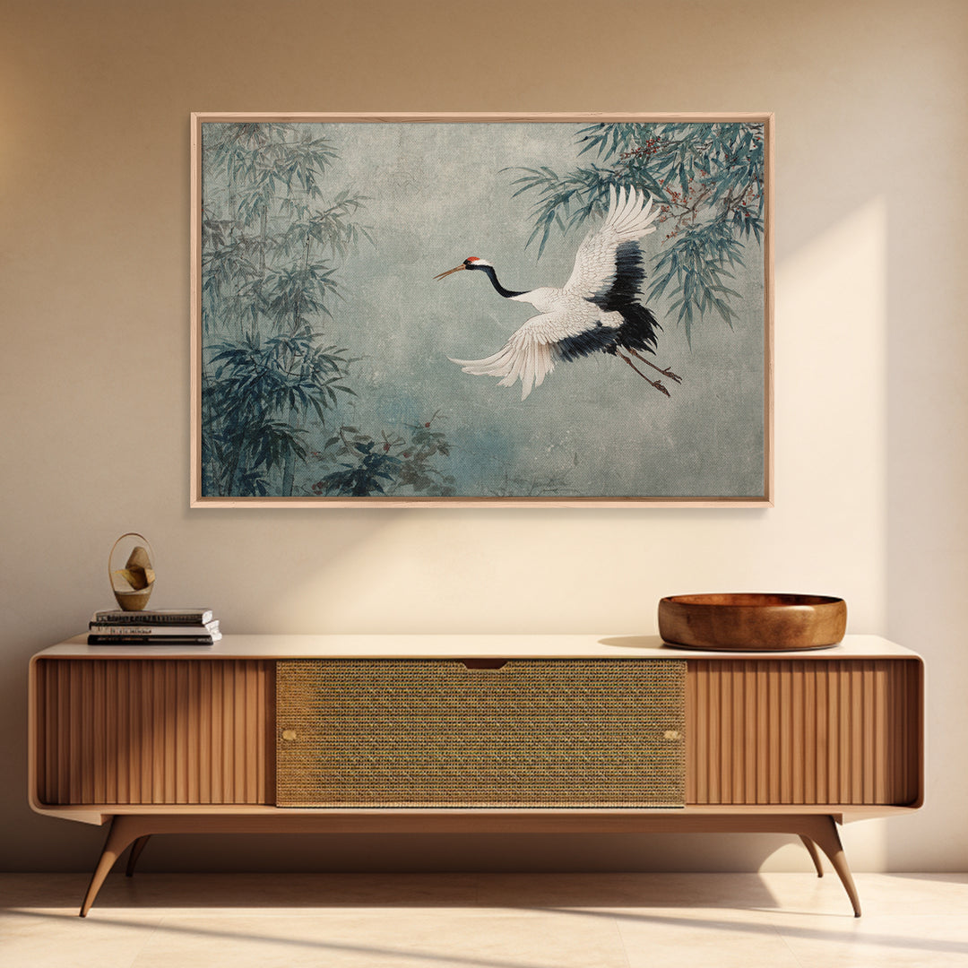 Black Ink Crane Flying Across Empty Sky Canvas Print, Black and White Art, Photo Prints, Living Room Decor, Monochrome, BAW-3x2-41