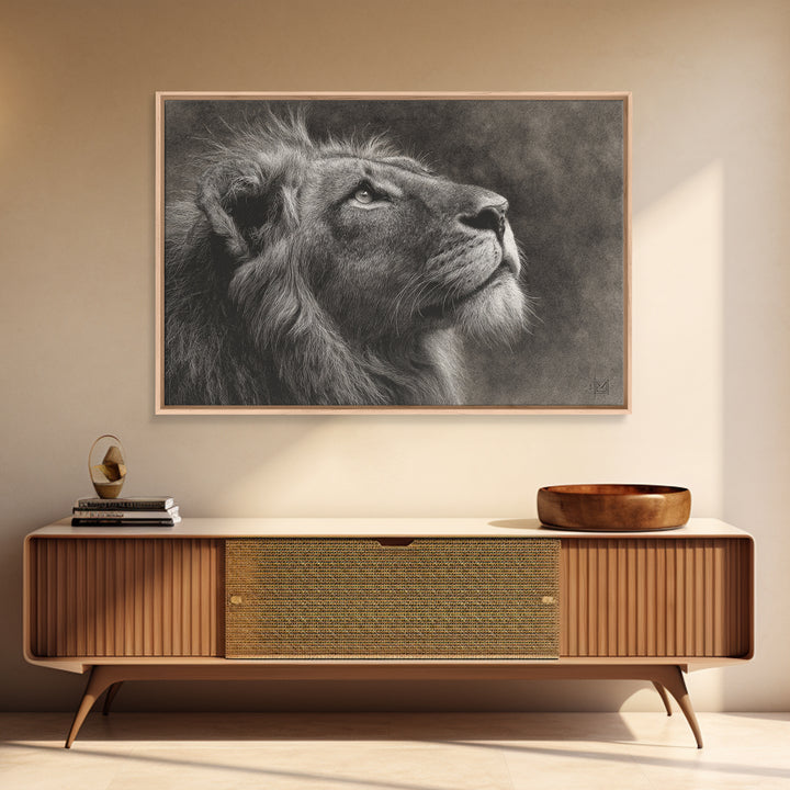 Dramatic Black and White Lion Portrait Framed Canvas Print, Black and White Art, Gallery Decor, Living Room Decor, Monochrome, BAW-3x2-45