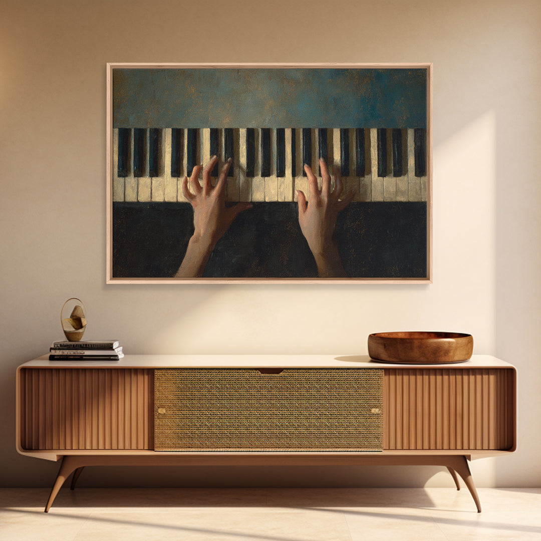 Piano Keys and Hands Framed Canvas Print, Black and White Art, Modern Wall Art, Living Room Decor, Oil Painting, Monochrome, BAW-3x2-50
