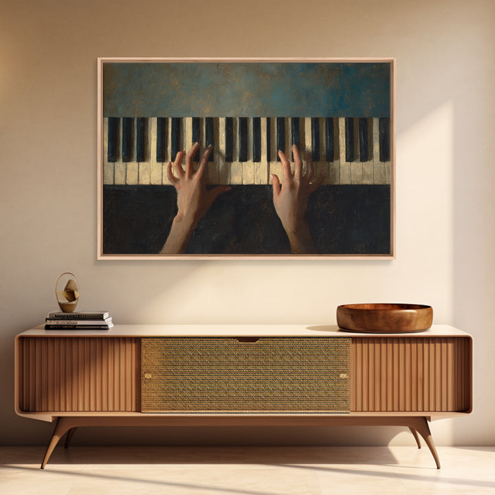 Piano Keys and Hands Framed Canvas Print, Black and White Art, Modern Wall Art, Living Room Decor, Oil Painting, Monochrome, BAW-3x2-50
