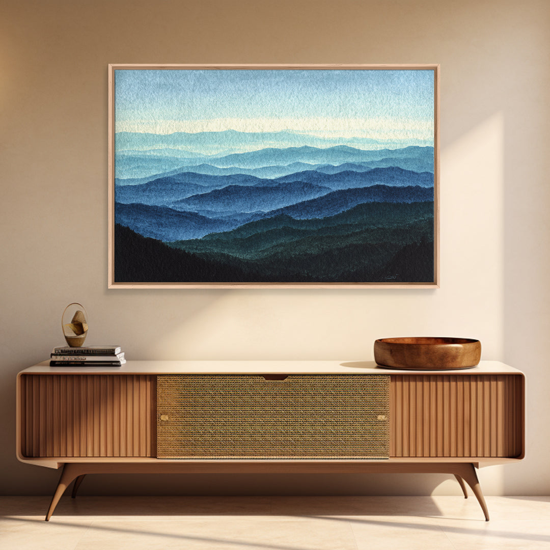 Black Ink Mountain Range Framed Canvas Print, Black and White Art, Wood Wall Art, Living Room Decor, Fine Art, Monochrome, BAW-3x2-6