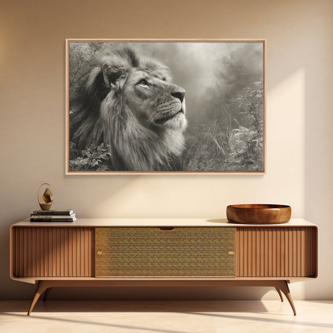 Dramatic Black and White Lion Portrait Framed Canvas Print, Black and White Art, Gallery Decor, Living Room Decor, Monochrome, BAW-3x2-69