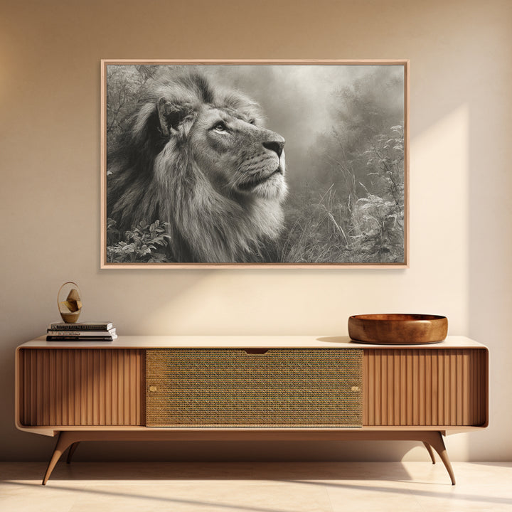 Dramatic Black and White Lion Portrait Framed Canvas Print, Black and White Art, Gallery Decor, Living Room Decor, Monochrome, BAW-3x2-69