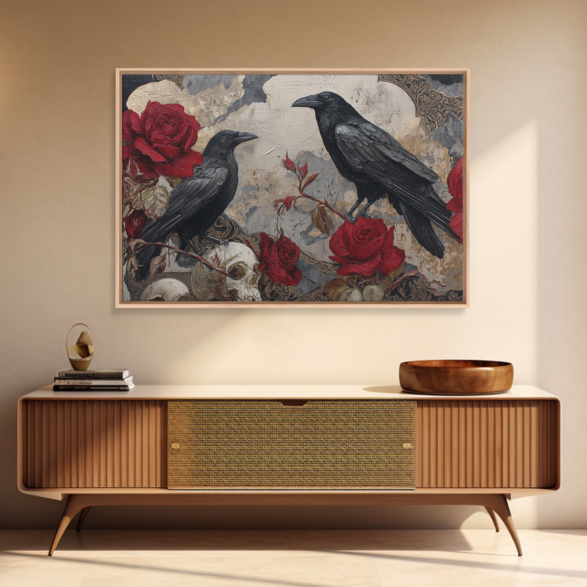 Ink Splatter Raven Composition Canvas Print, Black and White Art, Contemporary Art, Living Room Decor, Fine Art, Monochrome, BAW-3x2-72