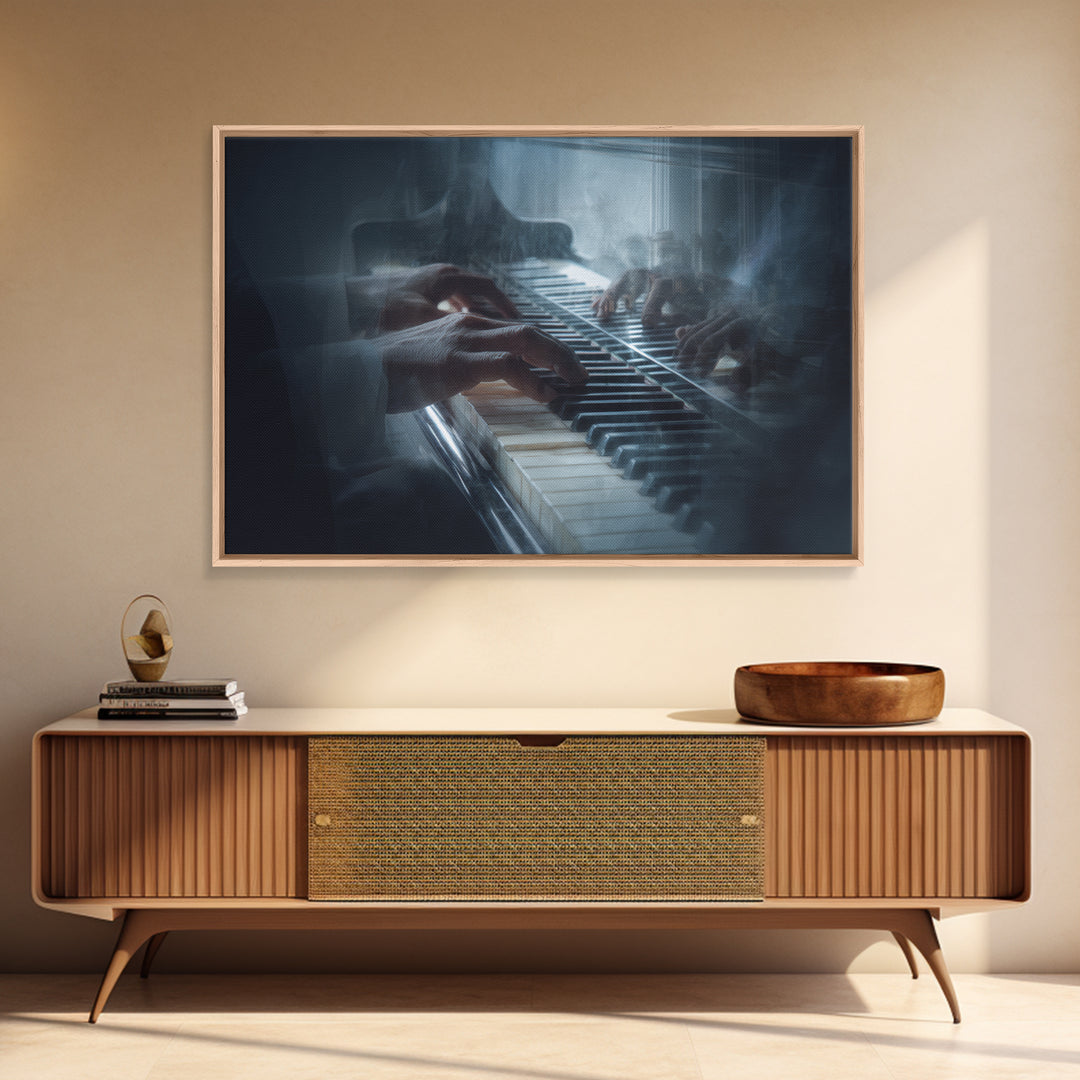 Piano Keys and Hands Framed Canvas Print, Black and White Art, Modern Wall Art, Living Room Decor, Oil Painting, Monochrome, BAW-3x2-74