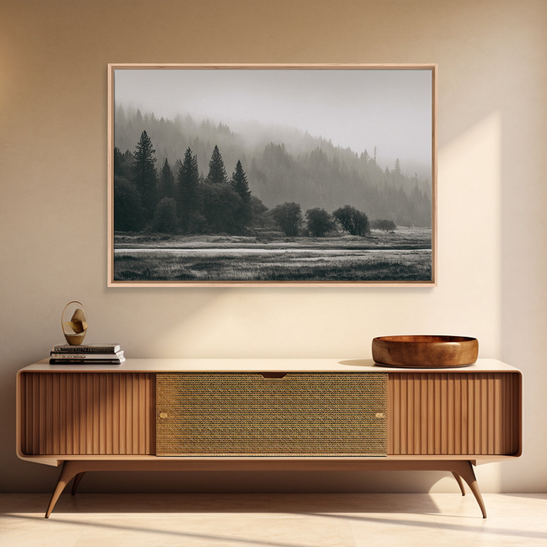 Moody Foggy Forest Canvas Print, Black and White Art, Gothic Decor, Living Room Decor, Oil Painting, Monochrome, BAW-3x2-83